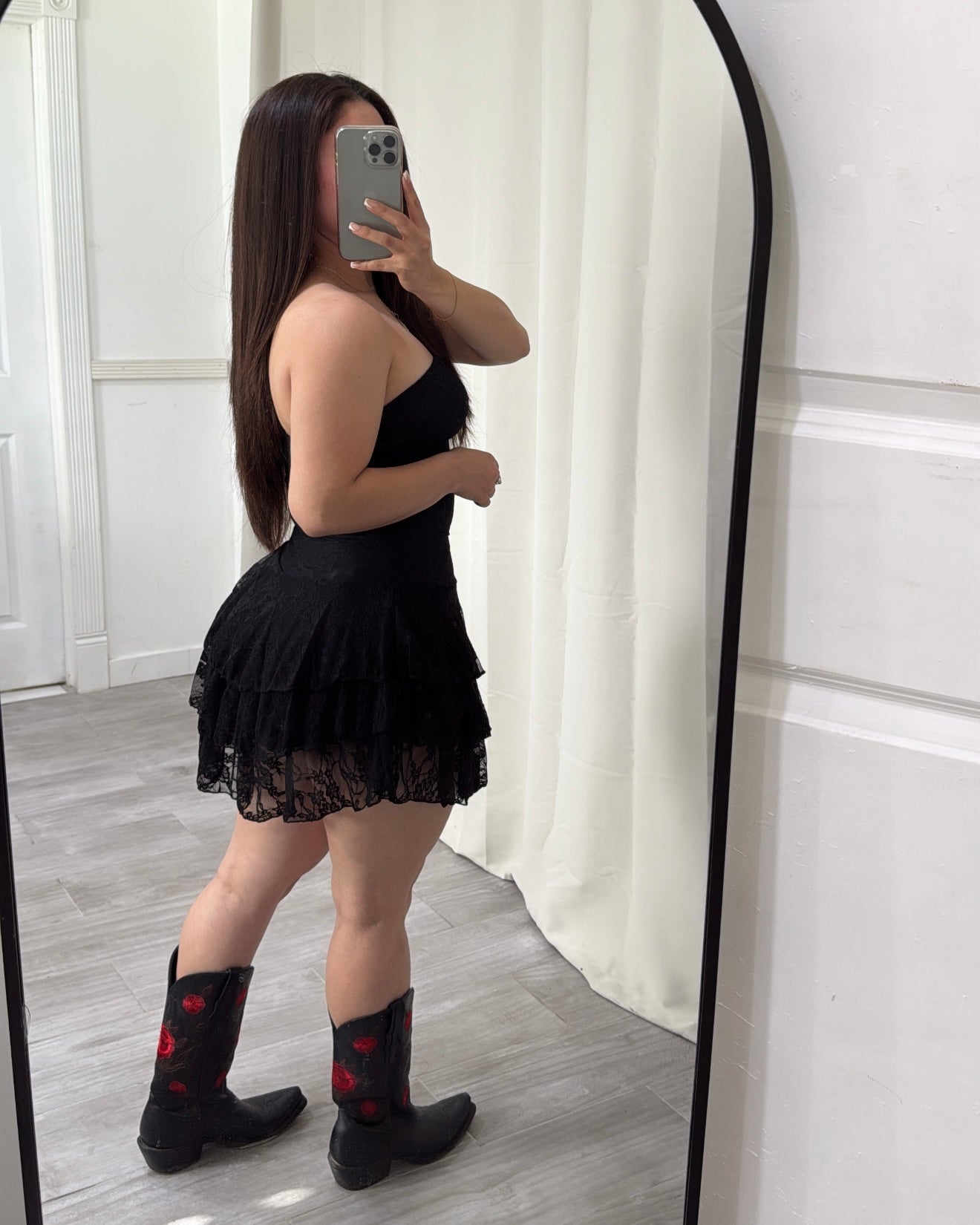 Lace Ruffle Dress - Black