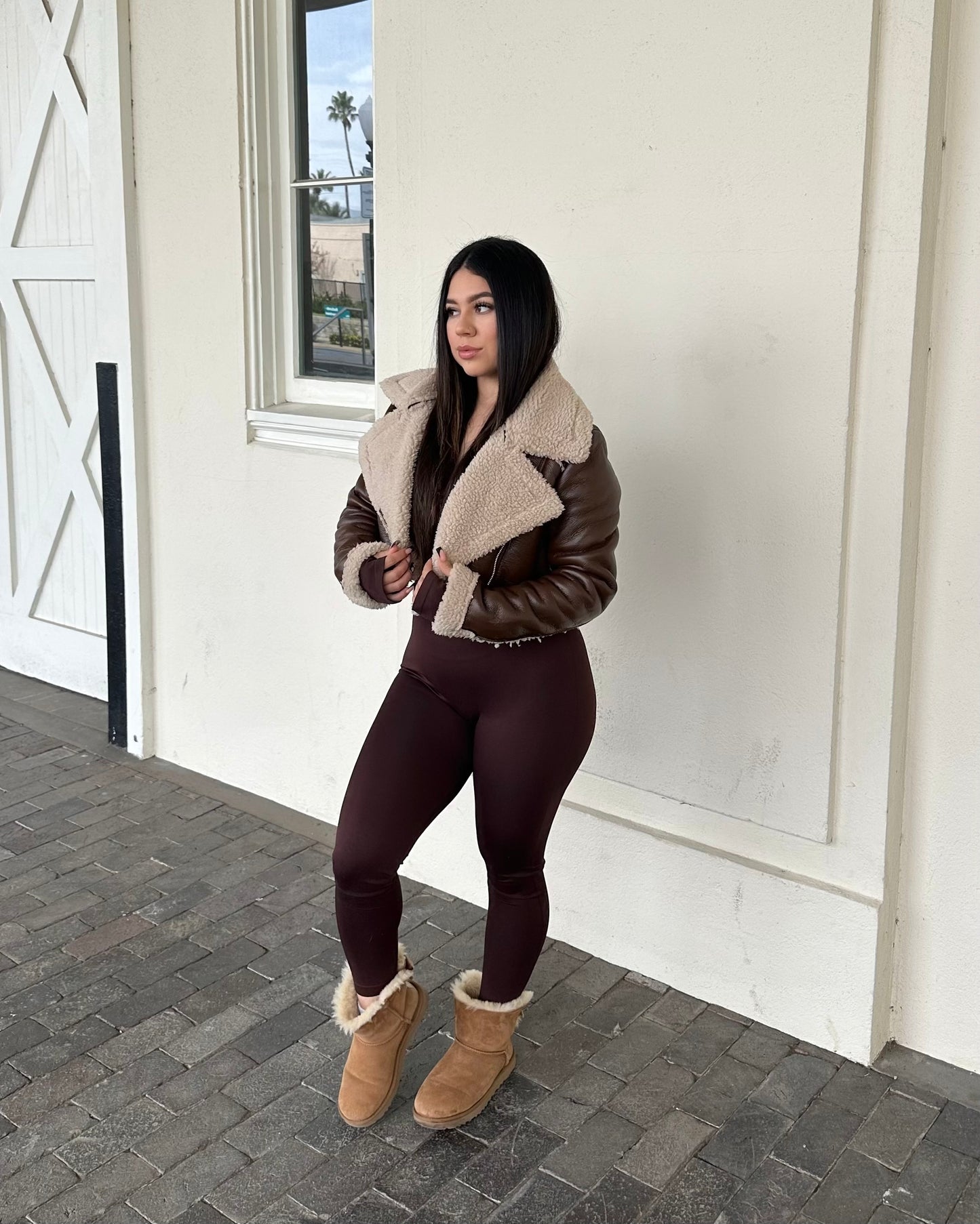 Leather Cropped Sherpa - Brown