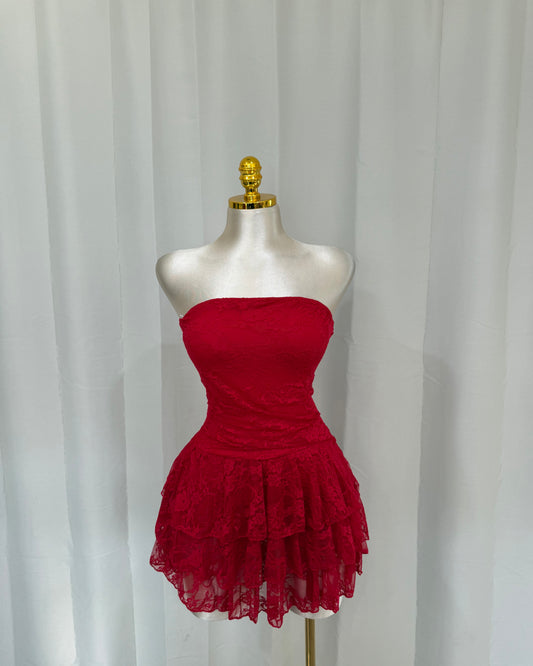 Lace Ruffle Dress - Red