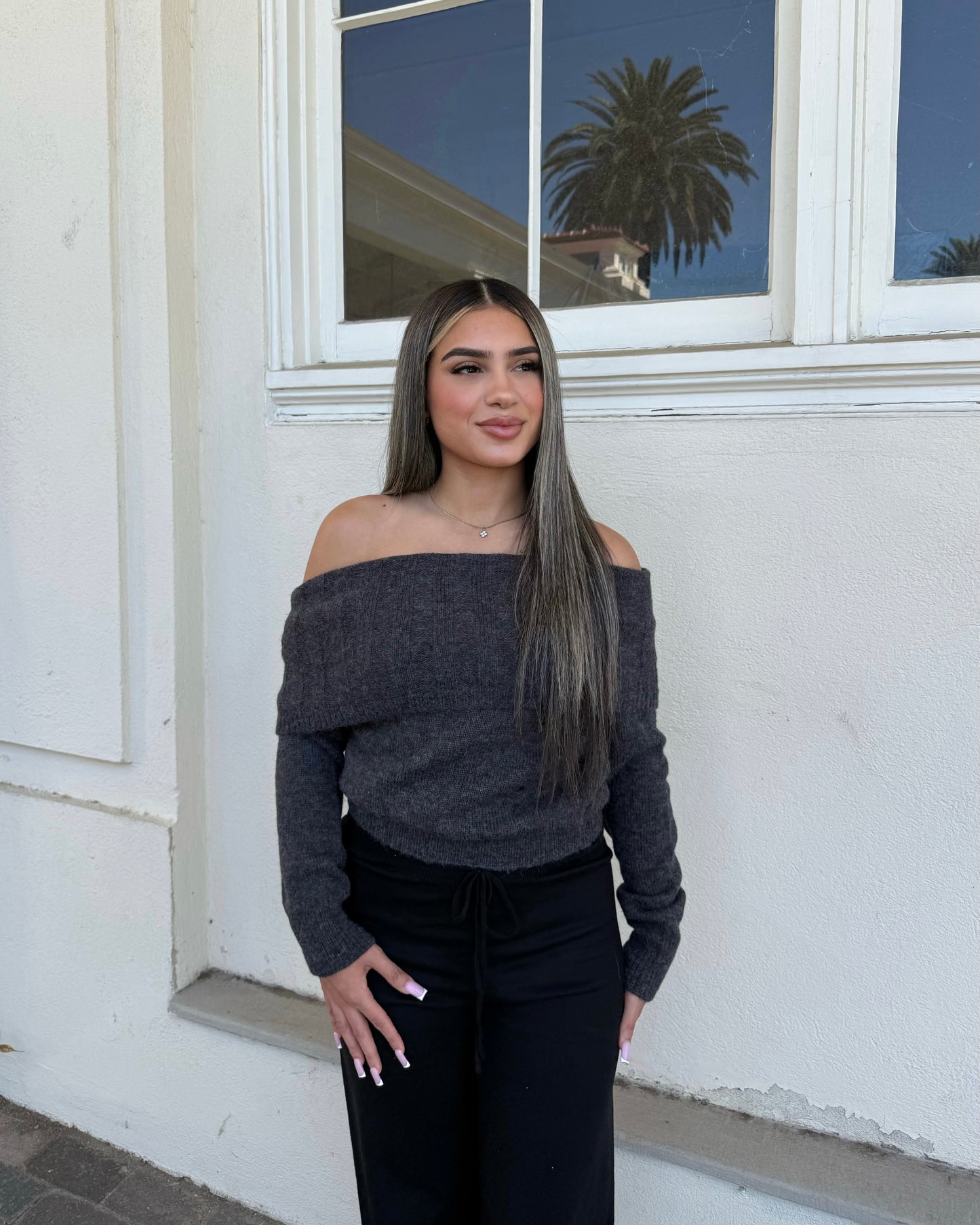 Off Shoulder Sweater Top - Charcoal
