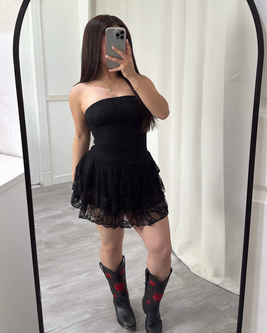 Lace Ruffle Dress - Black