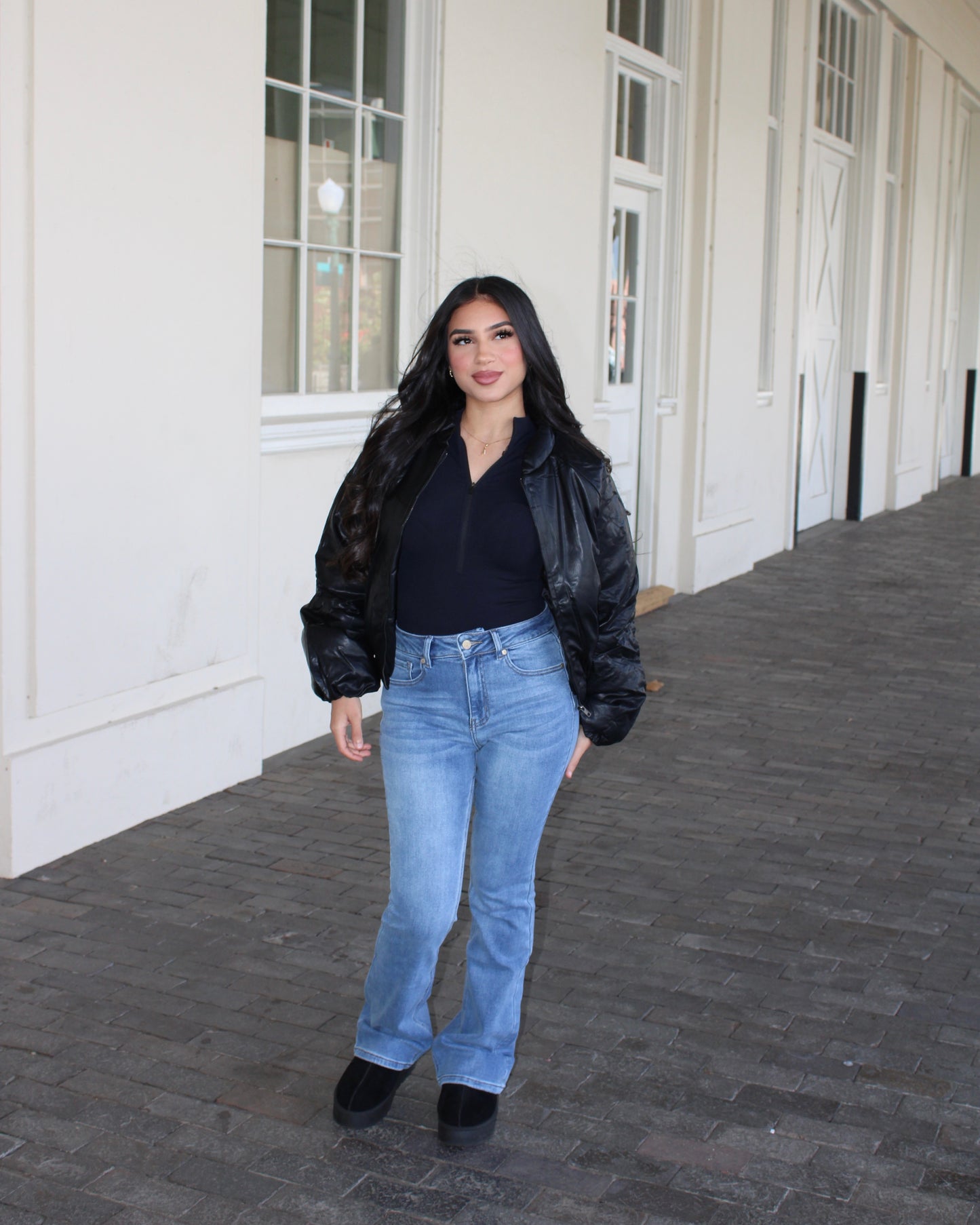 Leather Cropped Puffer - Black