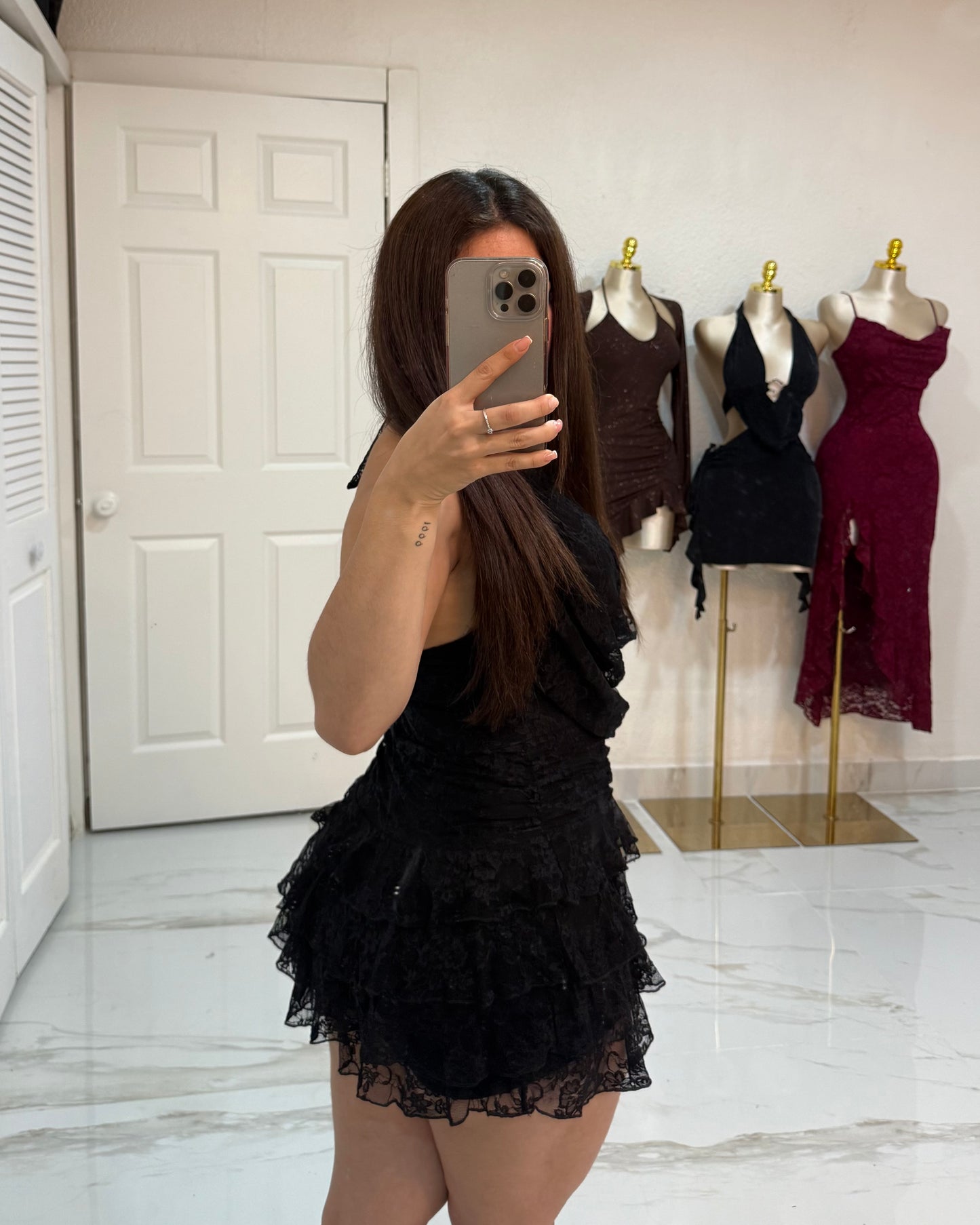 Mini Lace Ruffle Dress - Black