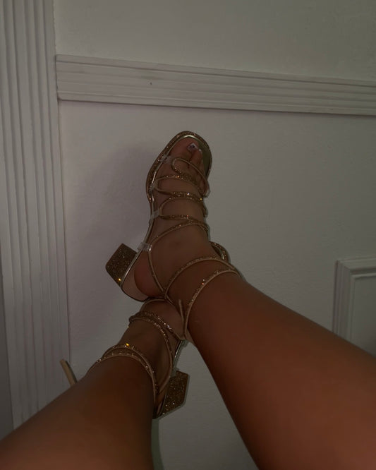 Lace Embellished Heels - Gold - Wide Friendly