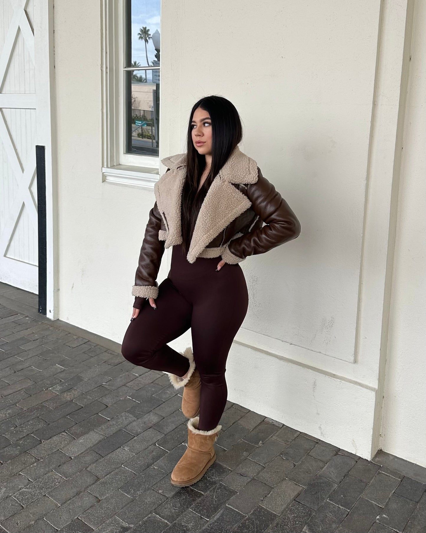 Leather Cropped Sherpa - Brown