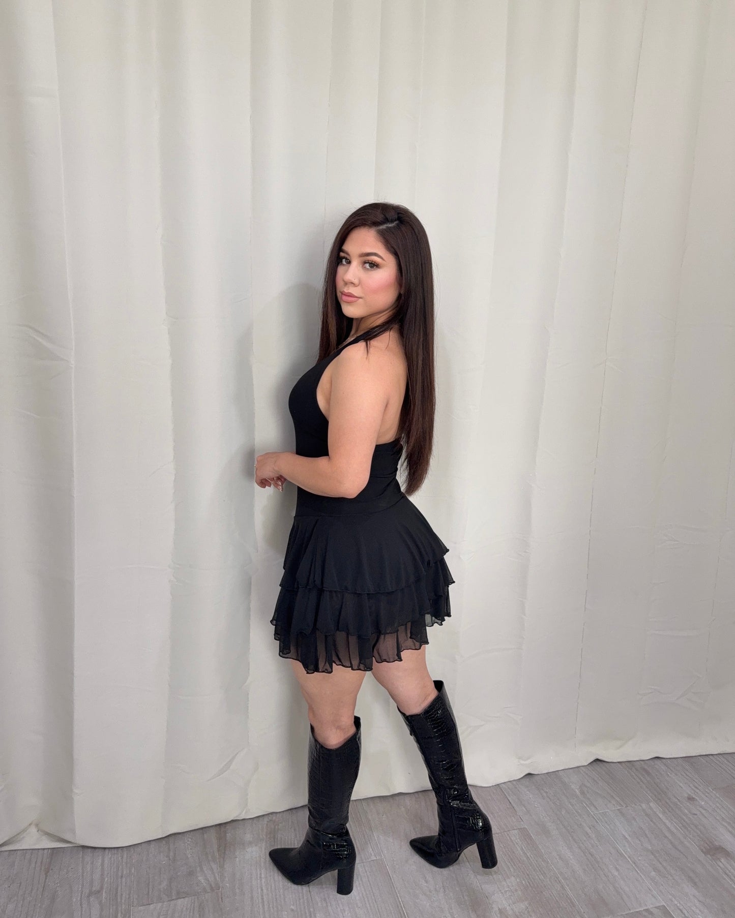 Halter Ruffle Dress - Black