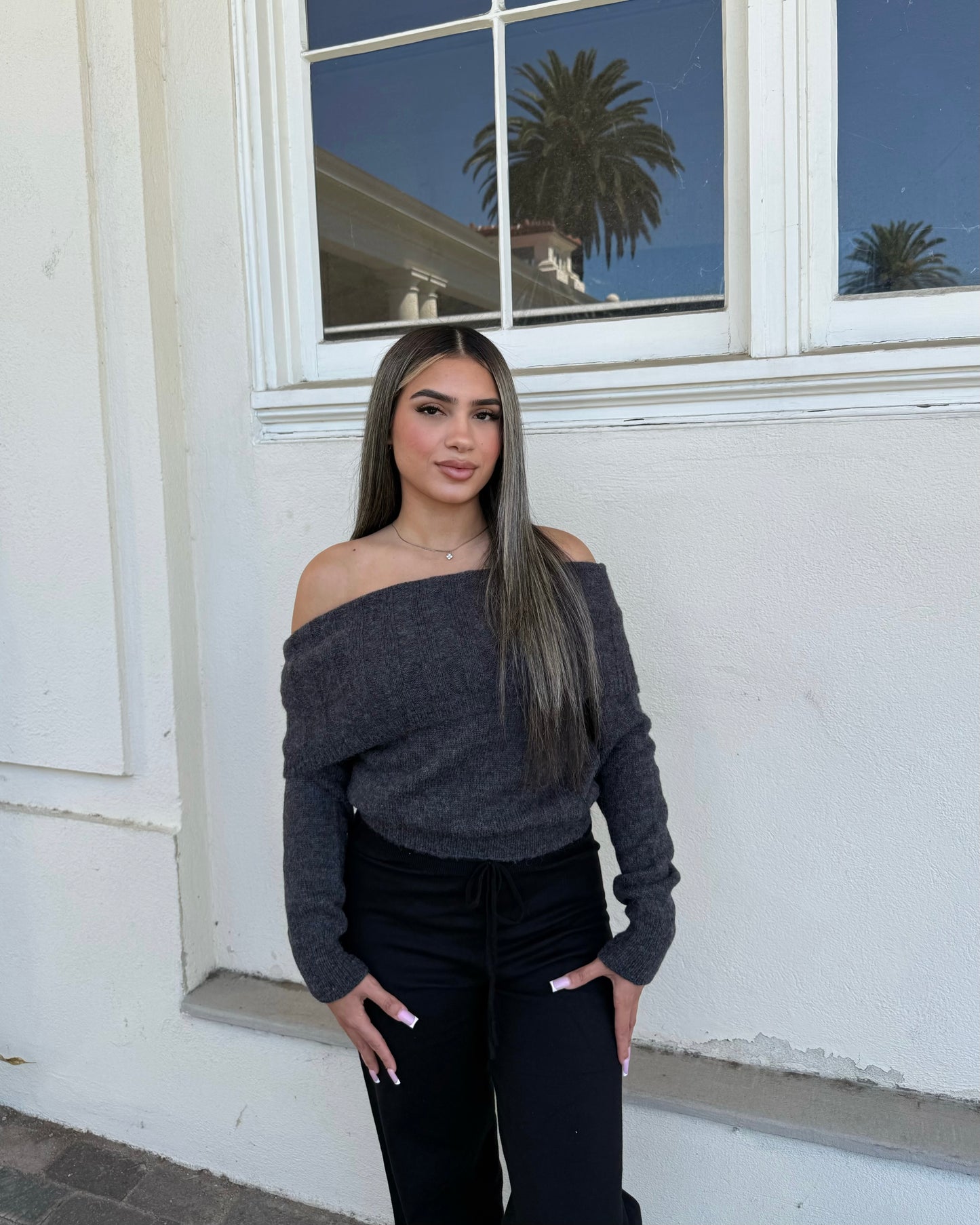 Off Shoulder Sweater Top - Charcoal