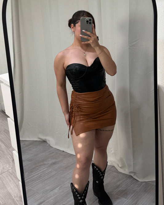 Coquette Bow Leather skirt - cafe