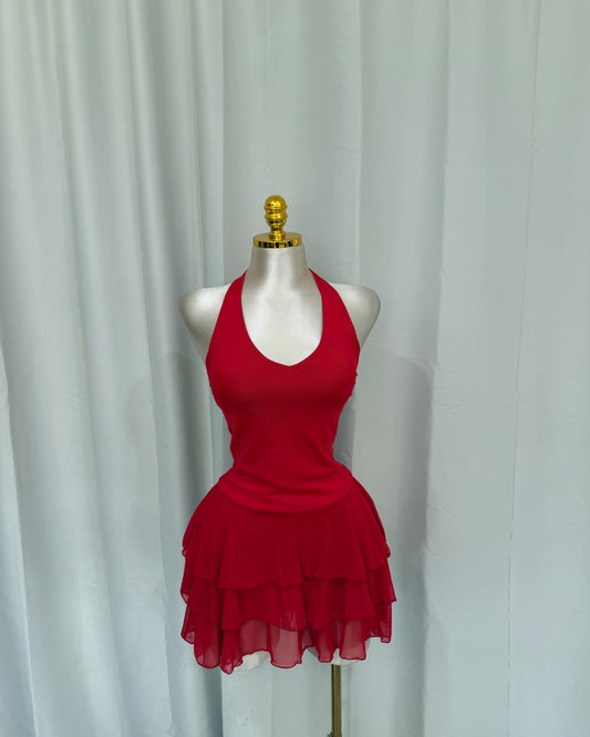 Halter Ruffle Dress - Red
