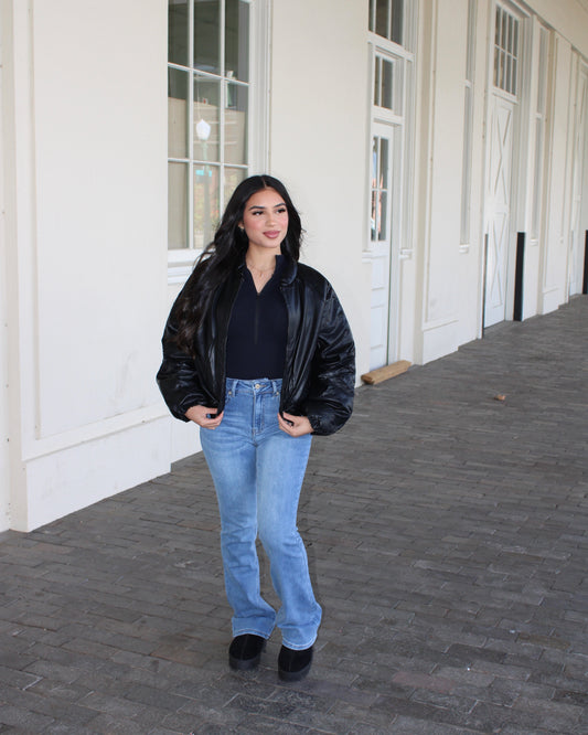 Leather Cropped Puffer - Black