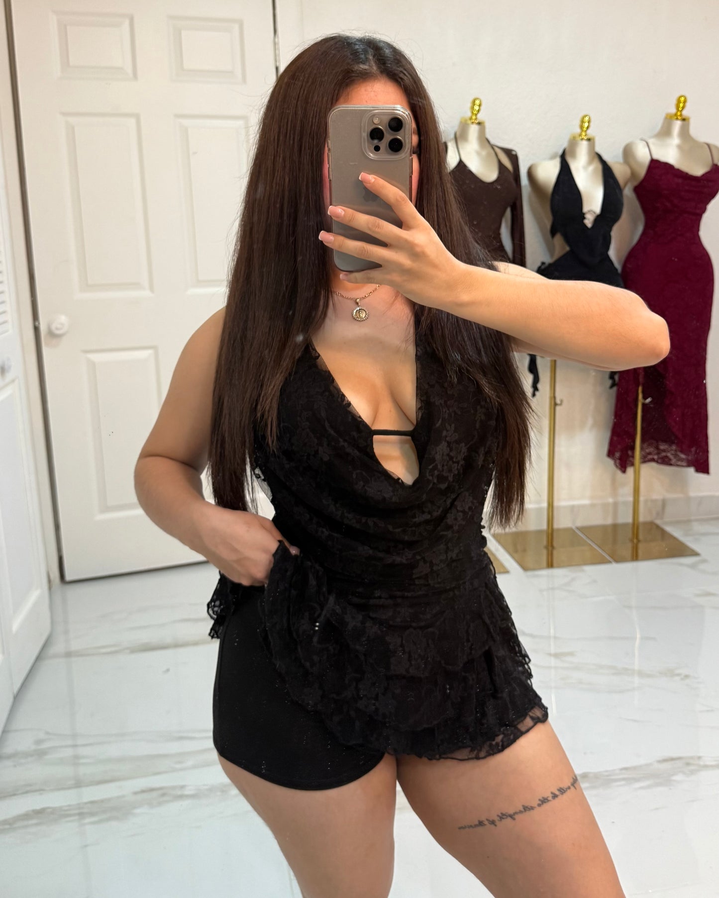 Mini Lace Ruffle Dress - Black