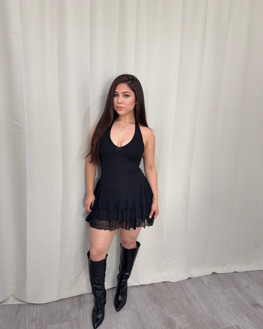Halter Ruffle Dress - Black