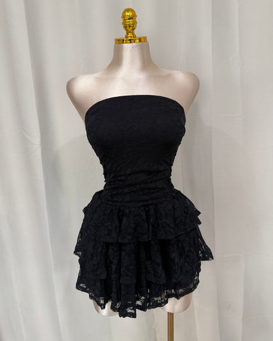 Lace Ruffle Dress - Black